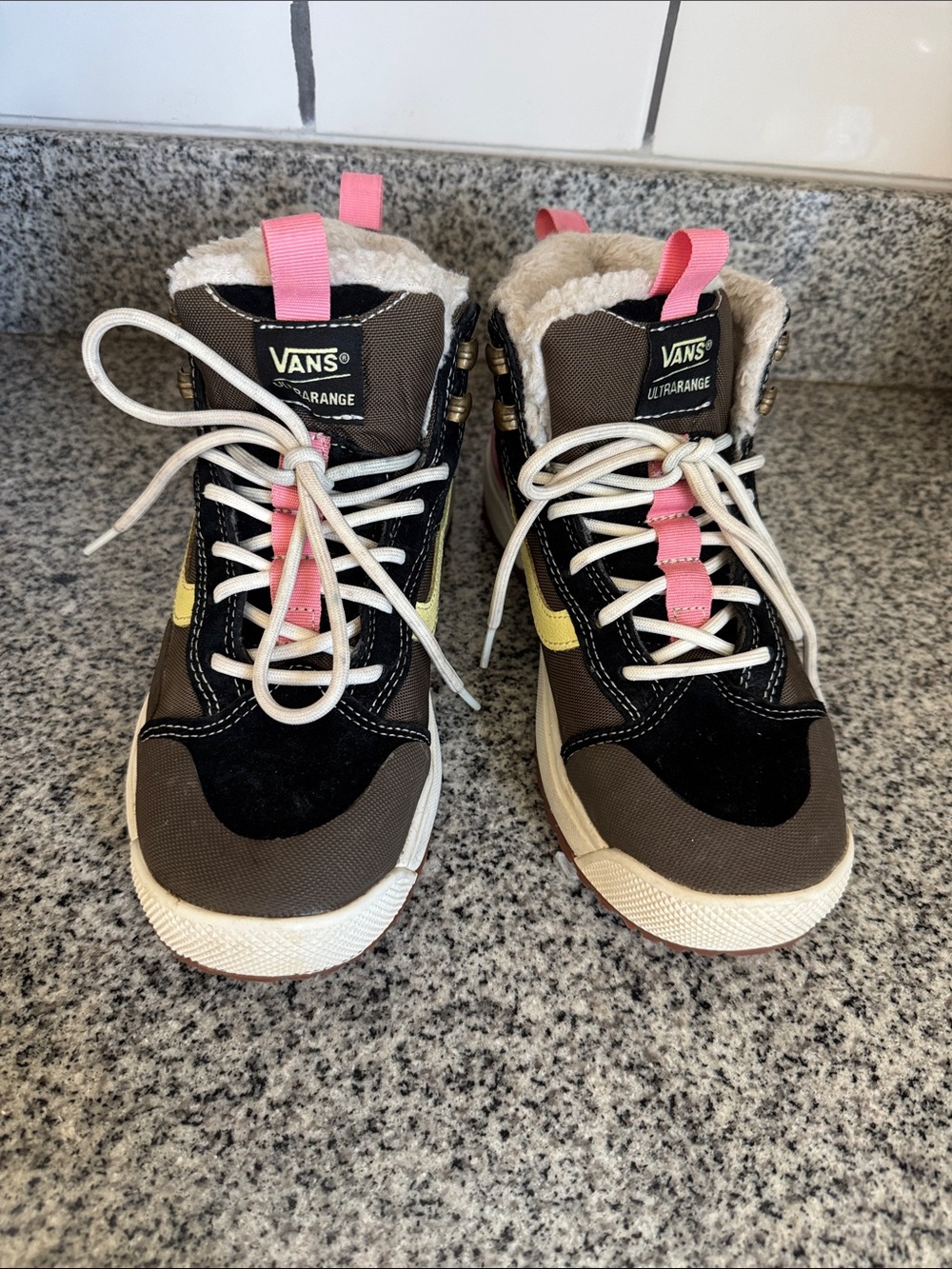 Vans women’s Brown High-Top Boots with Pink & Yellow Accents